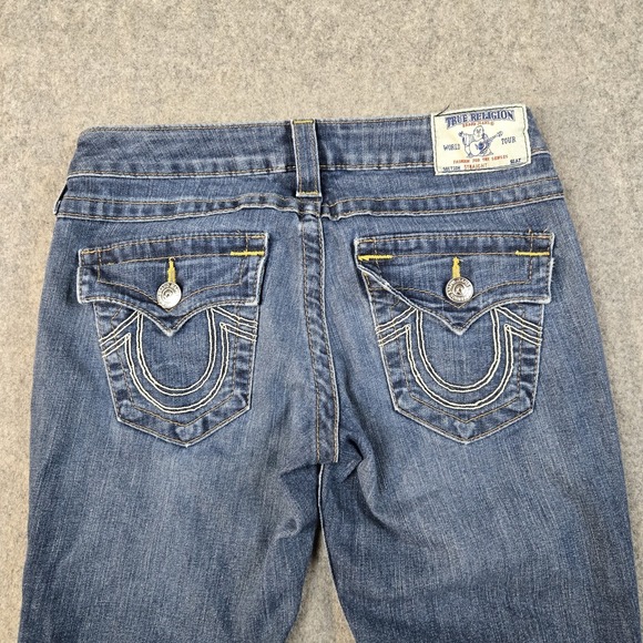 True Religion Jeans Womens 27 Fits 30x33 Blue Denim Straight Leg Flap Pocket Y2k - Picture 9 of 14